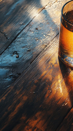 A glass filled with a golden drink sits on a weathered wooden table. Sunlight creates reflections and highlights the textures of the wood.の素材