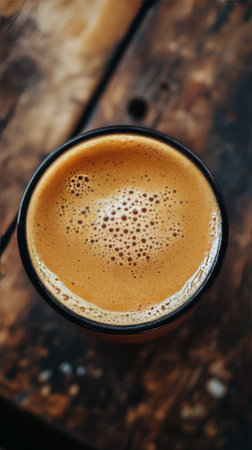 A glass filled with a golden drink sits on a weathered wooden table. Sunlight creates reflections and highlights the textures of the wood.の素材