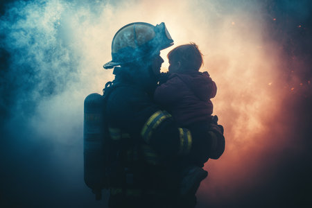 A firefighter in full gear holds a child safely while navigating through thick smoke at a rescue scene. The atmosphere is tense as they make their way to safety.の素材