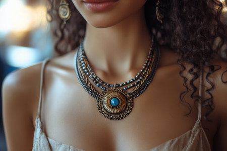 A woman showcases a stunning choker necklace reflecting sunlight. The delicate piece enhances her neckline as she stands against a softly blurred backdrop, evoking a sense of grace.の素材