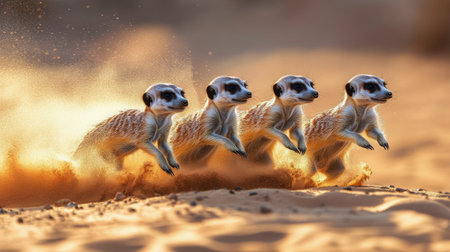 Three meerkats stand closely together in a desert landscape. They exhibit curious expressions against a backdrop of rocky formations under a bright blue sky.の素材