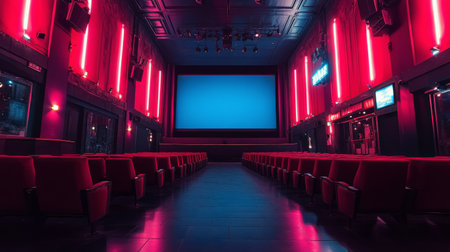 Brightly lit with pink and blue neon lights, a modern cinema hall features rows of empty red seats facing a large blank screen. The atmosphere indicates a waiting audience, creating anticipation.の素材