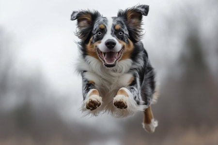 A cheerful dog leaps joyfully in a park filled with vibrant autumn leaves. The dog seems to be enjoying the fresh air and playful atmosphere of the season.の素材