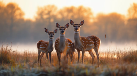 A deer mother stands protectively over her two fawns as the sun rises behind them, illuminating the misty meadow. The serene morning atmosphere highlights their beauty.の素材