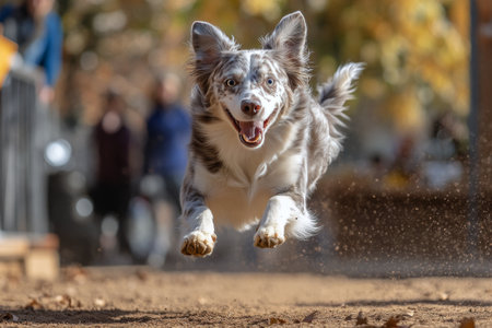 A cheerful dog leaps joyfully in a park filled with vibrant autumn leaves. The dog seems to be enjoying the fresh air and playful atmosphere of the season.の素材
