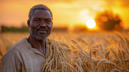 A person stands in a ripe wheat field as the sun sets, casting a warm golden glow. The surrounding atmosphere reflects tranquility and connection to nature during harvest time.の素材