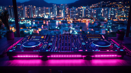 A DJ setup featuring vibrant lights illuminates a mixing console. The backdrop includes a stunning city skyline at dusk, showcasing twinkling lights reflecting on water.の素材
