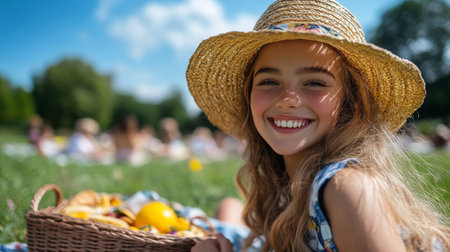 A smiling girl with long hair and a straw hat sits on a blanket, surrounded by a sunny park. She enjoys a picnic with a basket full of fruits, radiating happiness.の素材