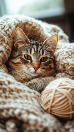 A curious tabby cat rests comfortably wrapped in a soft, knitted blanket. Beside it, a yarn ball adds to the cozy atmosphere of the indoor space.の素材