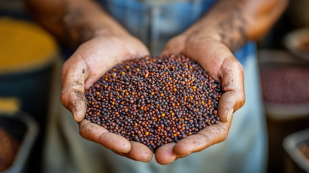 Hands covered in soil hold a mixture of small, colorful mustard seeds. The background suggests a working farm, with containers of seeds and earthy tones indicating an agricultural environment.の素材