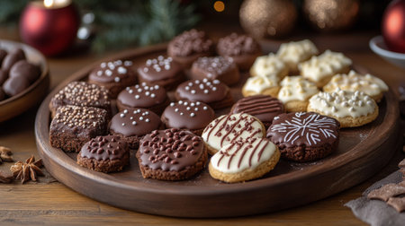 A wooden platter holds various holiday cookies, including chocolate-coated treats and decorative sweets. Festive ornaments surround the arrangement, creating a warm atmosphere.の素材
