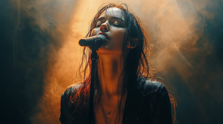 A young woman poses gracefully under colorful studio lights, her soft hair cascading around her face as she gazes thoughtfully into the distance, creating a captivating atmosphere.の素材