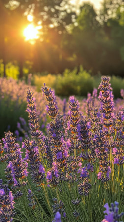 Lavender plants flourish in a vibrant field, basking in the warm golden light of sunset. The serene landscape showcases purple blossoms amid lush greenery.の素材