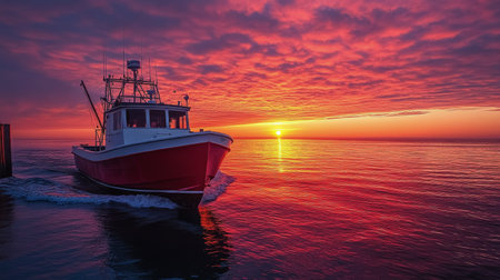 A vibrant sunset paints the sky with hues of pink and orange as a fishing boat glides smoothly across calm waters. This tranquil moment captures the beauty of nature at dusk.の素材