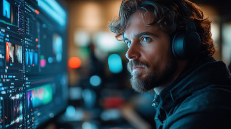 A focused man with a beard is editing digital graphics in a dimly lit studio.の素材