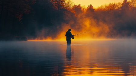 A person stands by a tranquil lake, casting a fishing line as the sun rises, illuminating the sky with warm colors. Mist rises from the water, creating a serene atmosphere.の素材