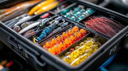 Organized tackle box displaying various fishing gear and accessories including lures, lines, and hooks, set on a dark surface at a lakeside environment during daylight.の素材
