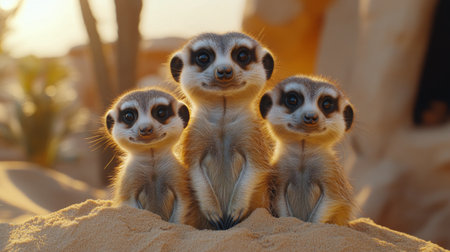 Three meerkats stand closely together in a desert landscape. They exhibit curious expressions against a backdrop of rocky formations under a bright blue sky.の素材