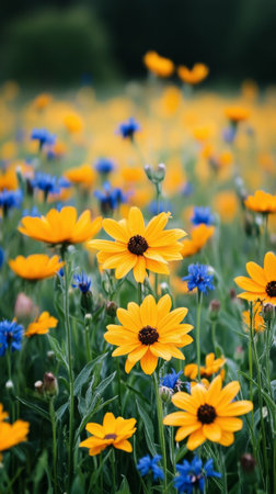 A stunning wildflower field showcases bright yellow daisies and delicate blue cornflowers during late spring. The vibrant colors create a picturesque natural landscape filled with beauty.の素材
