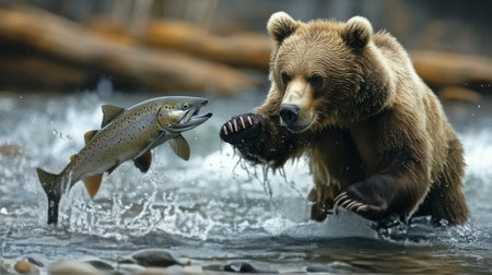 A large brown bear is splashing through a river while catching a fish with its mouth. The bear is surrounded by water and the forest is visible in the background.の素材