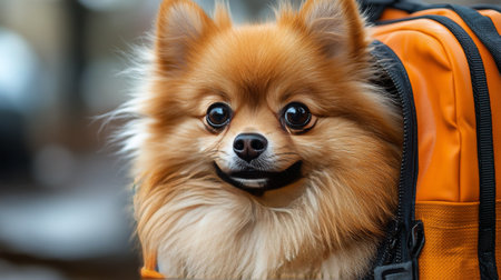 A fluffy Pomeranian dog sits comfortably inside a brown bag, looking adorable and relaxed. The indoor setting features soft lighting and a warm atmosphere.の素材