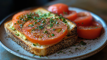 Sliced avocado adorned with golden eggs sits atop dark bread, surrounded by vibrant cherry tomatoes and fresh basil leaves, creating a healthy and appealing meal setup.の素材