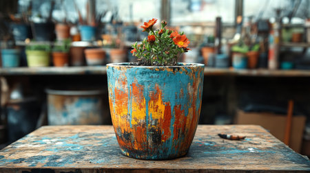 Ceramic pots of various colors and designs are arranged neatly on a rustic wooden table. The outdoor garden provides a vibrant backdrop with greenery and flowers.の素材