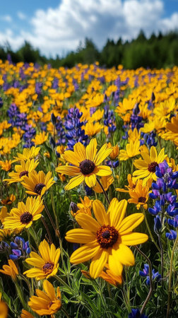 A stunning wildflower field showcases bright yellow daisies and delicate blue cornflowers during late spring. The vibrant colors create a picturesque natural landscape filled with beauty.の素材