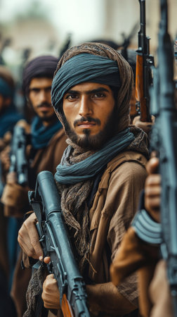 A group of young fighters stands in a militant formation, each holding firearms and wearing traditional clothing. Dusty desert terrain and nearby city suggest a conflicted region.の素材