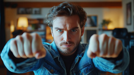 A man wearing a denim jacket focuses intensely with his fists extended forward, suggesting a moment of readiness or challenge. Warm ambient lighting enhances the determined atmosphere.の素材