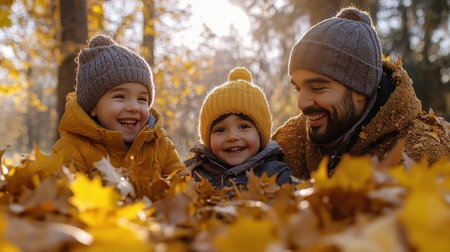Two children and their father laugh together in a serene forest filled with golden autumn leaves during a sunny day. The warmth of family and nature creates a joyful atmosphere.の素材