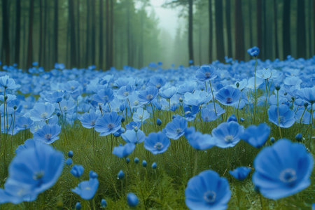 A field of striking blue flowers stretches across the forest floor, surrounded by tall, dark trees. Rays of sunlight filter through the leaves, creating a peaceful atmosphere.の素材