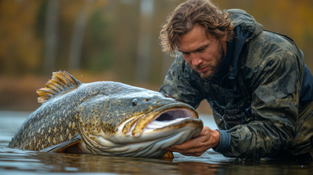 A man poses closely with a large fish, displaying a proud catch after deep-sea fishing. Water droplets cling to both, highlighting a moment of success and connection with nature.の素材