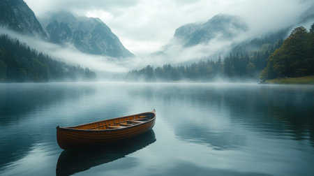 A serene and misty lake reflects autumn colors as a single yellow boat drifts quietly. Soft fog lingers above the water at dawn, creating a tranquil atmosphere.の素材