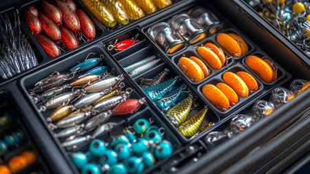 Organized tackle box displaying various fishing gear and accessories including lures, lines, and hooks, set on a dark surface at a lakeside environment during daylight.の素材