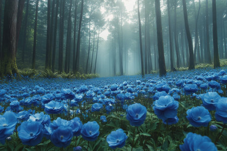 A field of striking blue flowers stretches across the forest floor, surrounded by tall, dark trees. Rays of sunlight filter through the leaves, creating a peaceful atmosphere.の素材