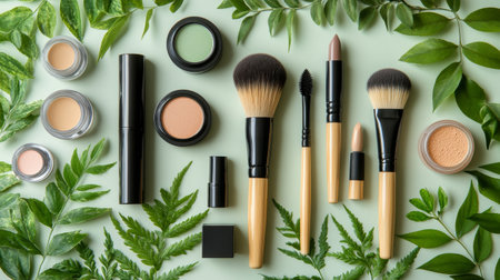 An array of makeup brushes and cosmetics is displayed on a light surface. Various tools and products are organized to enhance beauty routines, showing a mix of textures and colors.の素材