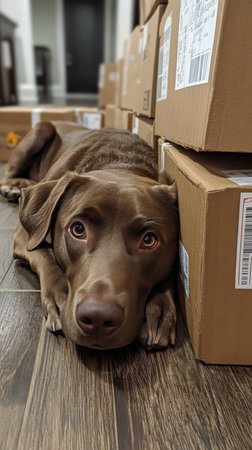 A golden retriever enjoys a peaceful nap on hardwood floors amidst stacked cardboard boxes, illuminated by sunlight filtering through a window, suggesting a busy but relaxed moving day.の素材