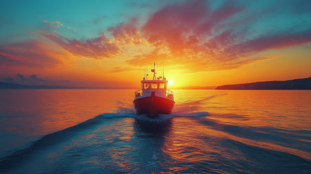 A vibrant sunset paints the sky with hues of pink and orange as a fishing boat glides smoothly across calm waters. This tranquil moment captures the beauty of nature at dusk.の素材