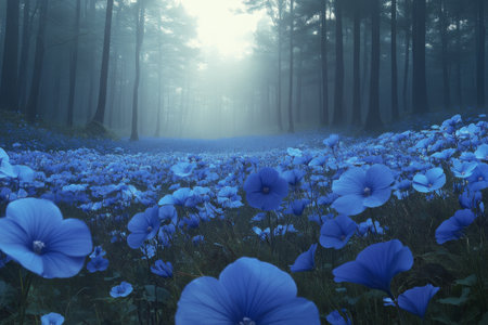 A field of striking blue flowers stretches across the forest floor, surrounded by tall, dark trees. Rays of sunlight filter through the leaves, creating a peaceful atmosphere.の素材