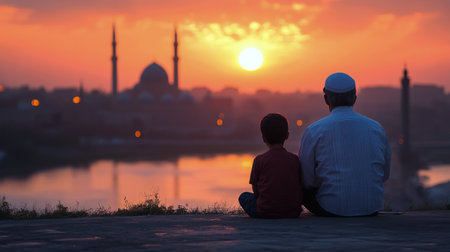 A man and a young boy sit by the edge of a waterway, engaged in prayer as the sun sets behind iconic structures. The warm glow of the sunset enhances the serene atmosphere.の素材