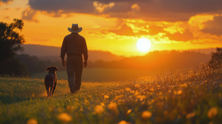 A man in a cowboy hat strolls with his dog across a flower-filled field at sunset. The sky glows with warm hues of orange and gold, creating a serene atmosphere.の素材