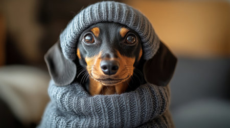 A cheerful dachshund stands proudly in a snug sweater, showing its expressive eyes and adorable features in a cozy indoor environment filled with warm lighting.の素材
