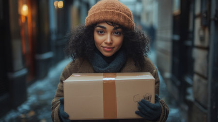 A young woman in a yellow winter coat stands outside on a snowy evening, holding a brown package with a smile as snowflakes fall around her.の素材