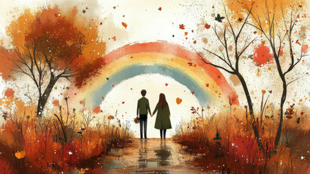 Two individuals gently clasp hands, enjoying the beauty of nature with a vibrant rainbow arcing overhead in a tranquil outdoor space during sunset.の素材