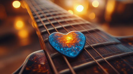 A heart-shaped guitar pick lies on the strings of a guitar. The warm glow of a sunset creates a magical atmosphere, highlighting the beauty of music and love.の素材