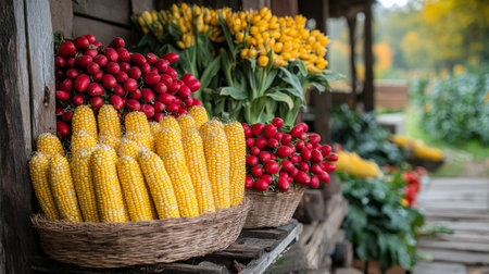A large mound of harvested corn sits in front of an old barn as the weather grows cold. Baskets and wooden barrels are nearby, showcasing a traditional farming setting.の素材