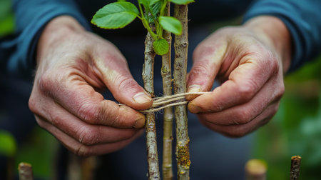 Hands are skillfully wrapping yellow twine around a thick plant stalk, surrounded by vibrant green foliage. This practical task is taking place in a natural setting under bright sunlight.の素材