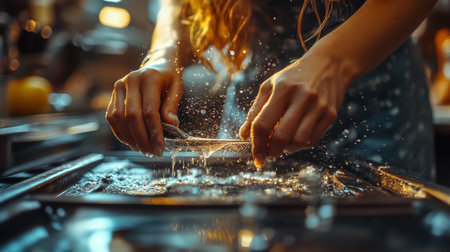 Hands covered in flour work the dough on a sleek countertop, surrounded by fresh lemons and kitchen essentials in a warm, inviting kitchen.の素材