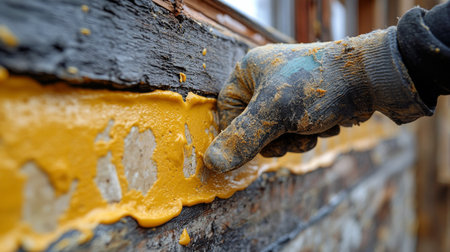 A gloved hand applies yellow sealant along a wooden surface at a construction site, focusing on weatherproofing. The process is crucial for protecting from moisture.の素材